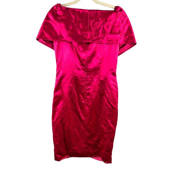 Vintage Tadashi Hot Pink Satin Cocktail Dress Off-Shoulder Gold Buttons Size 10 - Picture 8 of 8